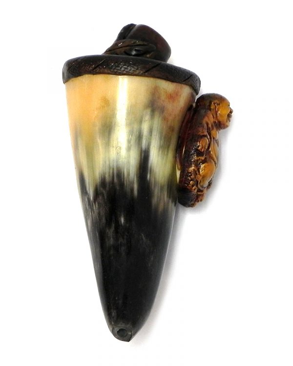 Handcrafted tobacco smoking natural bullhorn hand pipe of a gold-colored fat happy buddha.