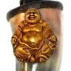 HP-030201-Z Handcrafted tobacco smoking natural bullhorn hand pipe of a gold-colored fat happy buddha.