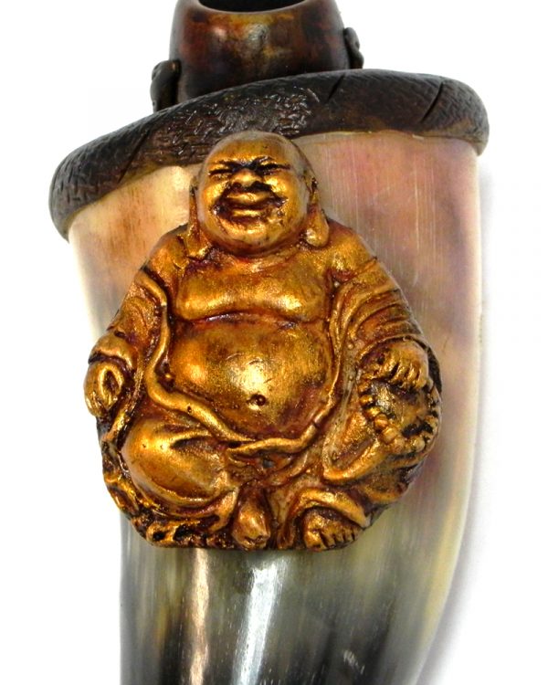 Handcrafted tobacco smoking natural bullhorn hand pipe of a gold-colored fat happy buddha.