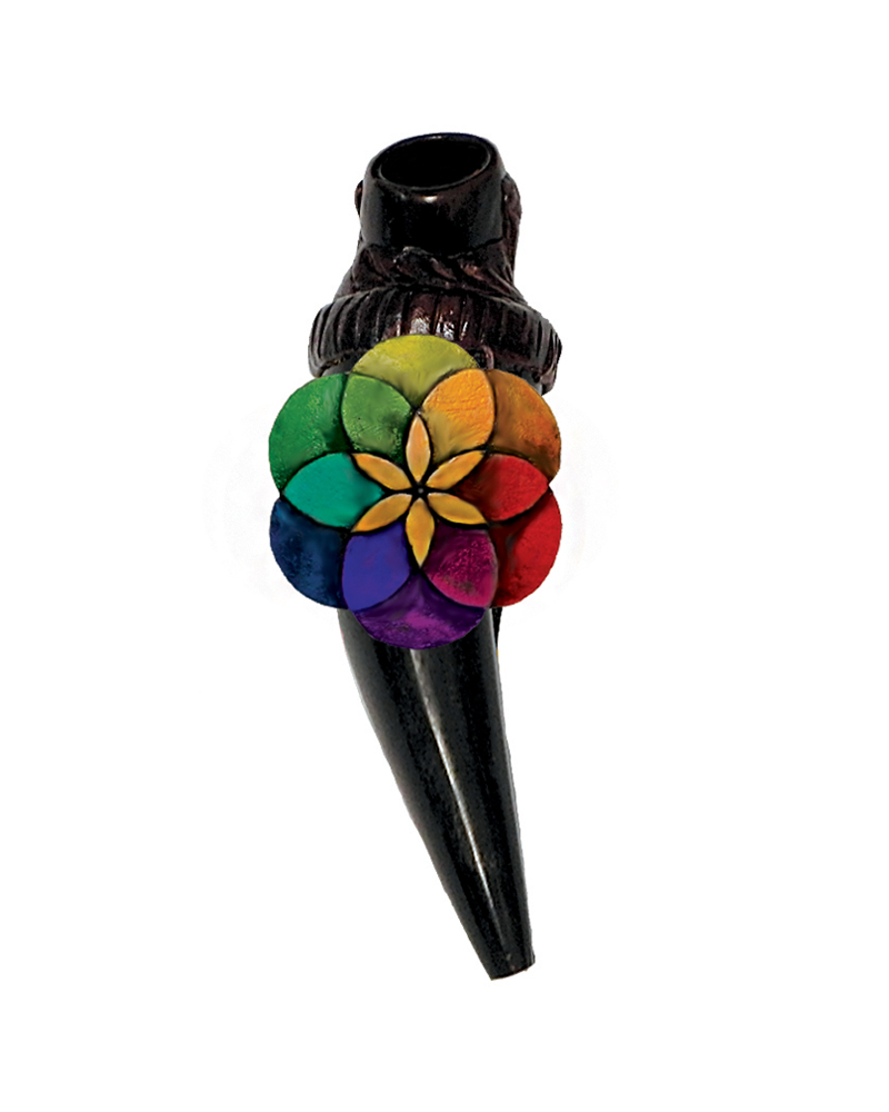 HP-030401 Handcrafted tobacco smoking natural bullhorn hand pipe of a sacred geometry seed of life symbol in rainbow colors.