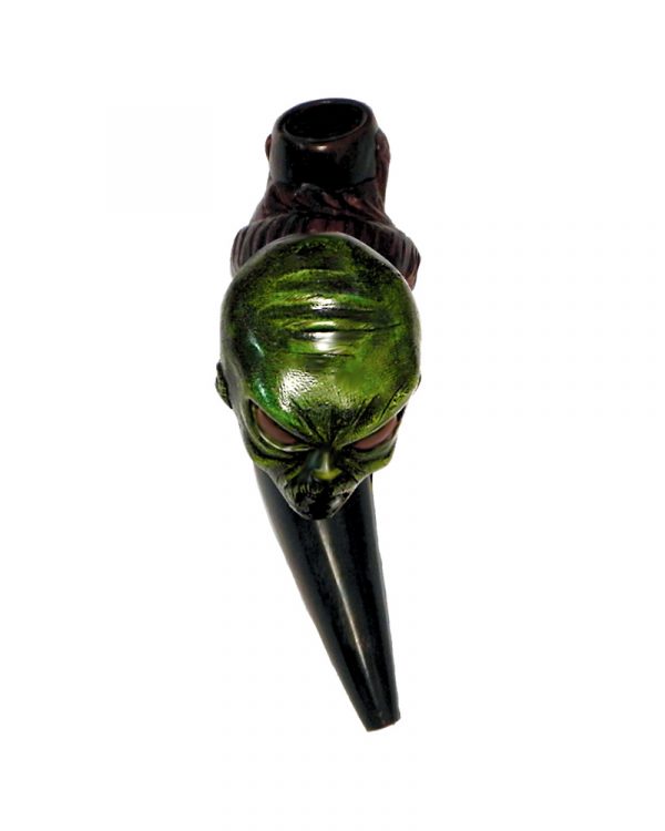 Handcrafted tobacco smoking natural bullhorn hand pipe of a green alien head.