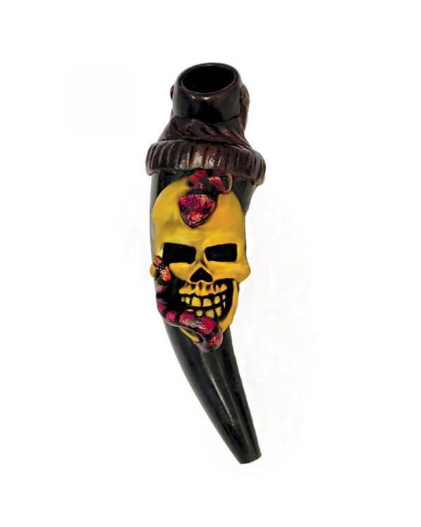 Handcrafted tobacco smoking natural bullhorn hand pipe of a beige skull with a slithering red snake.