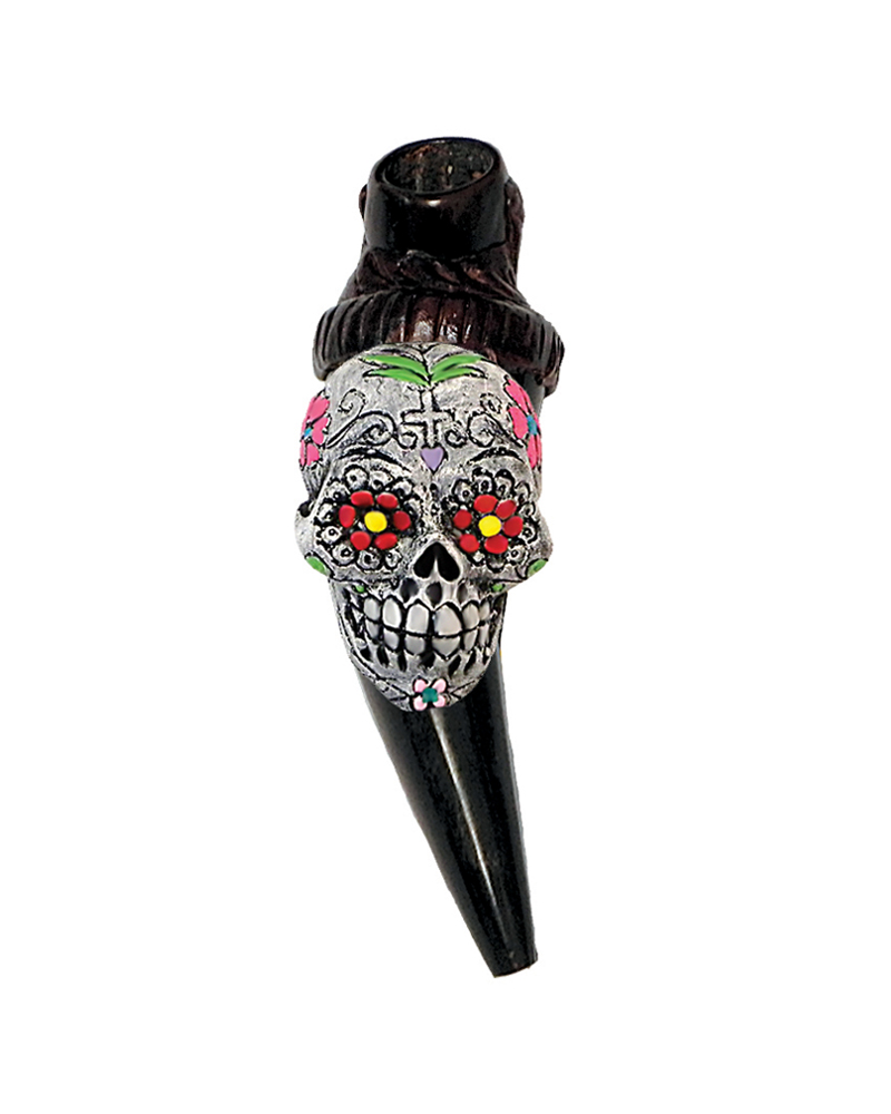 HP-050402 Handcrafted tobacco smoking natural bullhorn hand pipe of a white Day of the Dead sugar skull with multicolored floral designs.