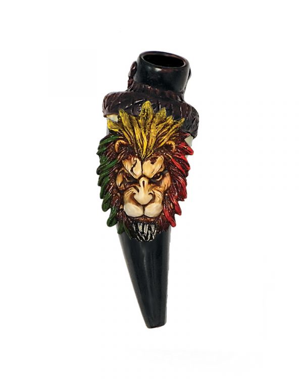 Handcrafted tobacco smoking natural bullhorn hand pipe of a lion head with a scar on one eye and Rasta-colored mane.