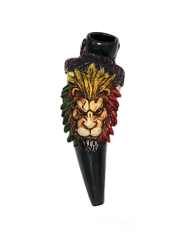 Handcrafted tobacco smoking natural bullhorn hand pipe of a lion head with a scar on one eye and Rasta-colored mane.