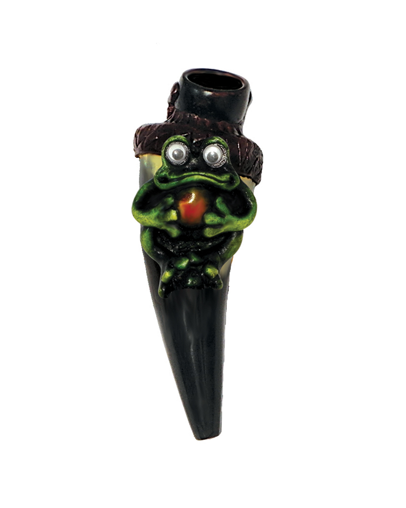 HP-060206 Handcrafted tobacco smoking natural bullhorn hand pipe of a green frog with googly eyes.