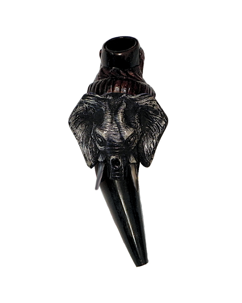 HP-060701 Handcrafted tobacco smoking natural bullhorn hand pipe of a gray elephant head.