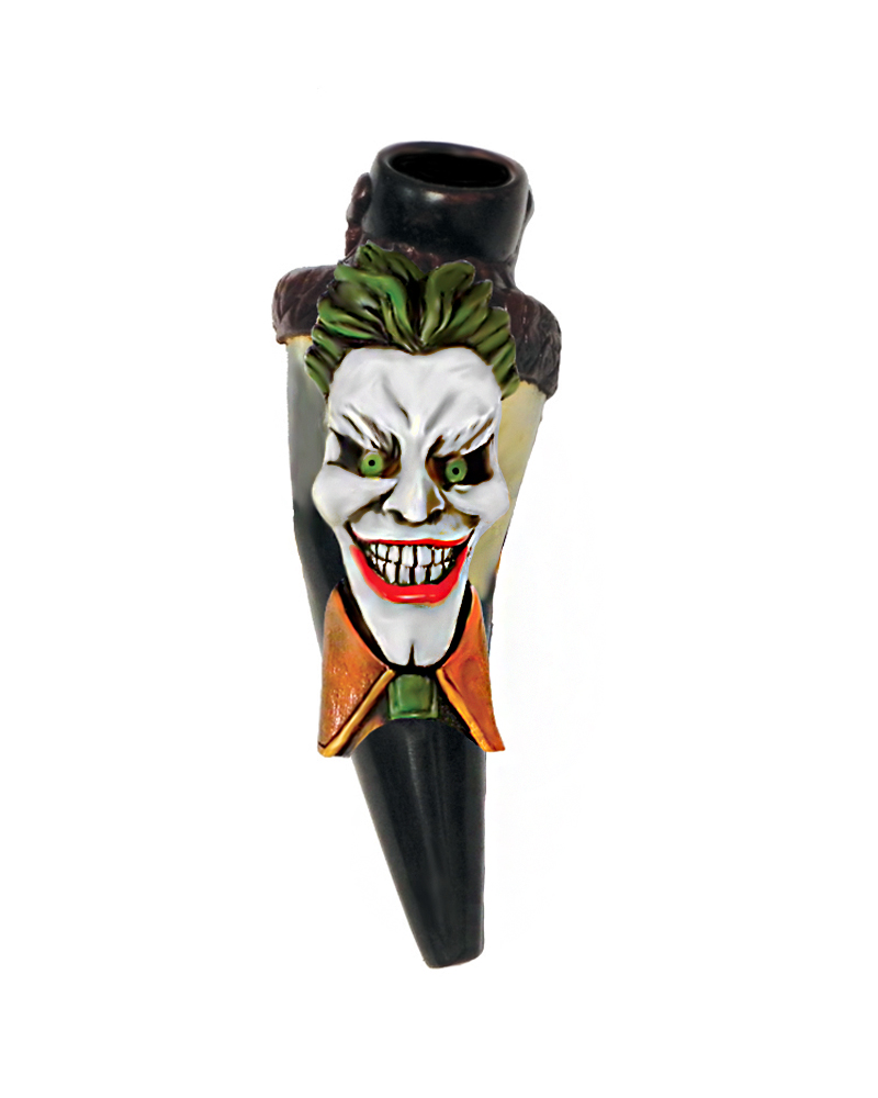 HP-080101 Handcrafted tobacco smoking natural bullhorn hand pipe of an evil clown character with a big head, creepy smile, green hair, and suit.