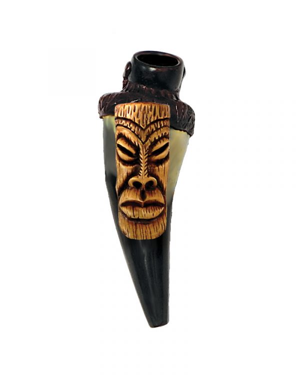 Handcrafted tobacco smoking natural bullhorn hand pipe of a tiki head mask with big lips.