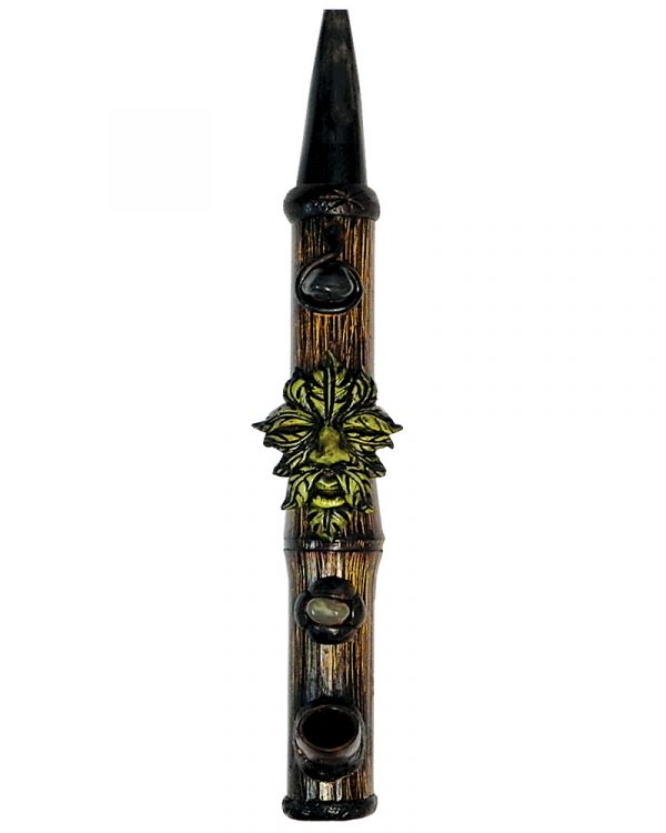 Handcrafted tobacco smoking natural bamboo wooden peace pipe of a green leaf with face.