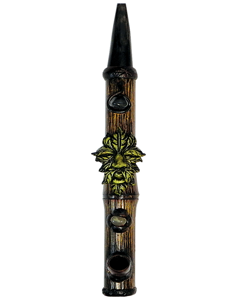 PP-020306 Handcrafted tobacco smoking natural bamboo wooden peace pipe of a green leaf with face.