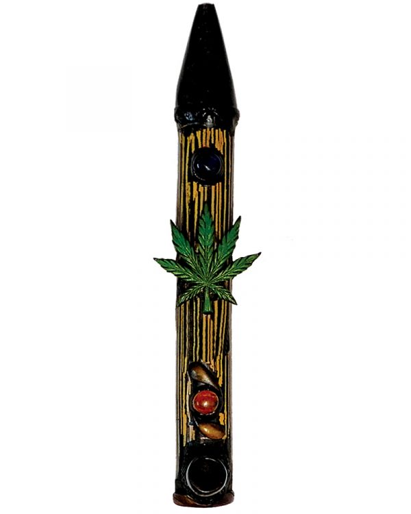 Handcrafted tobacco smoking natural bamboo wooden peace pipe of a green cannabis pot leaf.