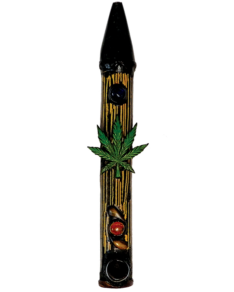 PP-020307 Handcrafted tobacco smoking natural bamboo wooden peace pipe of a green cannabis pot leaf.