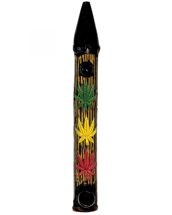 Handcrafted tobacco smoking natural bamboo wooden peace pipe of three cannabis pot leaves in Rasta colors.