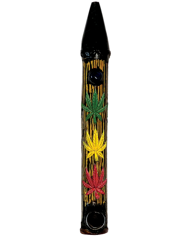 PP-020309 Handcrafted tobacco smoking natural bamboo wooden peace pipe of three cannabis pot leaves in Rasta colors.