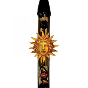 Handcrafted tobacco smoking natural bamboo wooden peace pipe of a golden yellow face with sun rays.