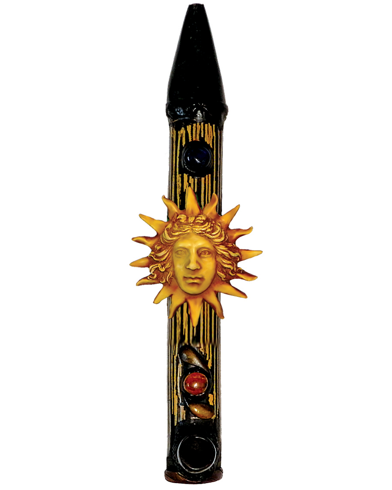 PP-020603 Handcrafted tobacco smoking natural bamboo wooden peace pipe of a golden yellow face with sun rays.