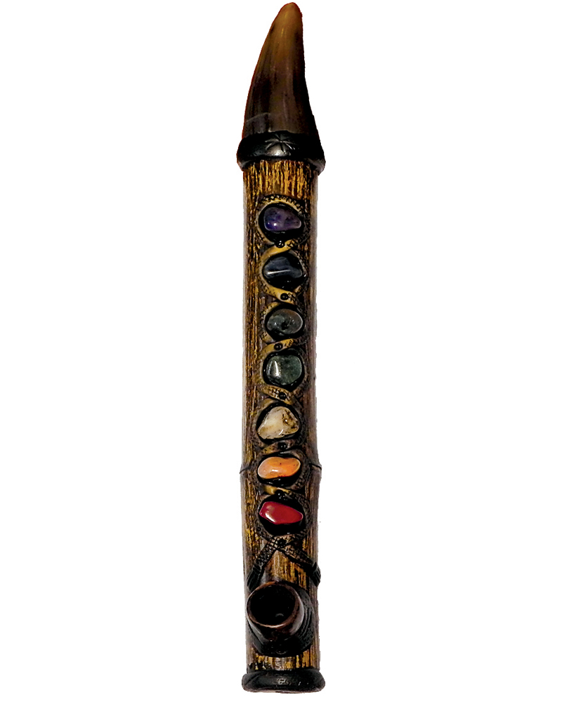 Handcrafted tobacco smoking natural bamboo wooden peace pipe of seven chakra aligned tumbled gemstone crystals.