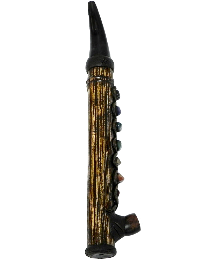 Handcrafted tobacco smoking natural bamboo wooden peace pipe of seven chakra aligned tumbled gemstone crystals.