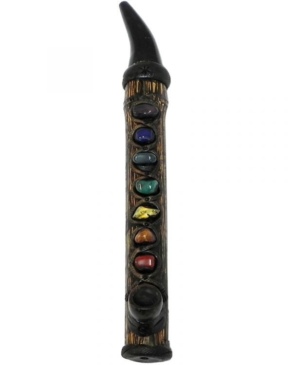 Handcrafted tobacco smoking natural bamboo wooden peace pipe of seven chakra aligned tumbled gemstone crystals.