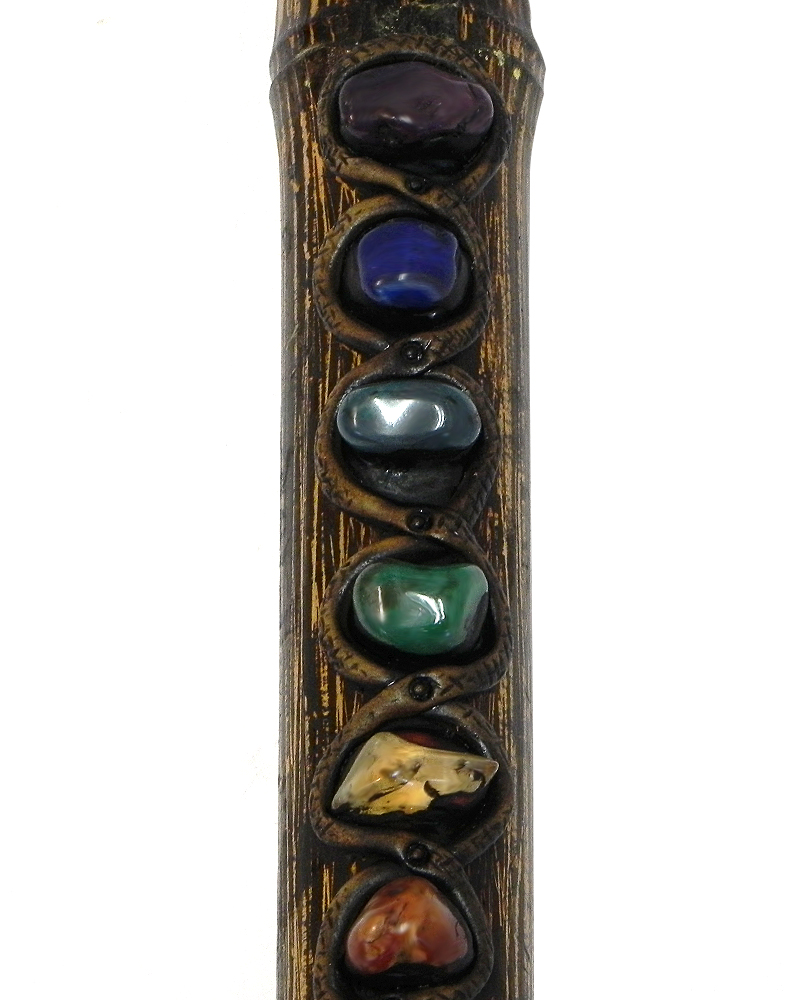Handcrafted tobacco smoking natural bamboo wooden peace pipe of seven chakra aligned tumbled gemstone crystals.