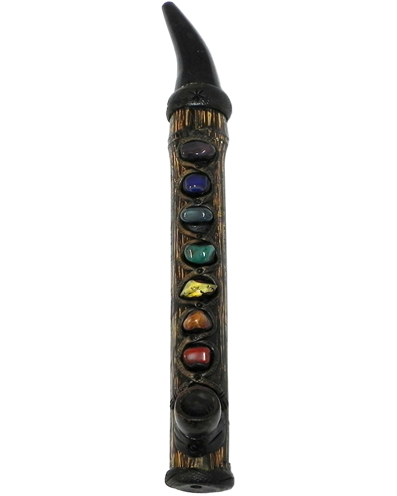 Handcrafted tobacco smoking natural bamboo wooden peace pipe of seven chakra aligned tumbled gemstone crystals.