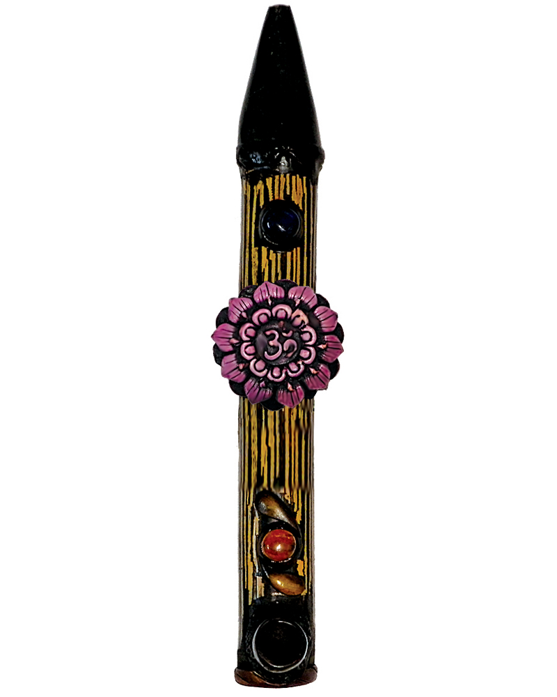 PP-030103 Handcrafted tobacco smoking natural bamboo wooden peace pipe of a Crown chakra symbol, represented by the Om sign and a violet-colored lotus flower.