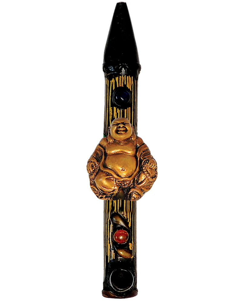 PP-030201 Handcrafted tobacco smoking natural bamboo wooden peace pipe of a gold-colored fat happy buddha.