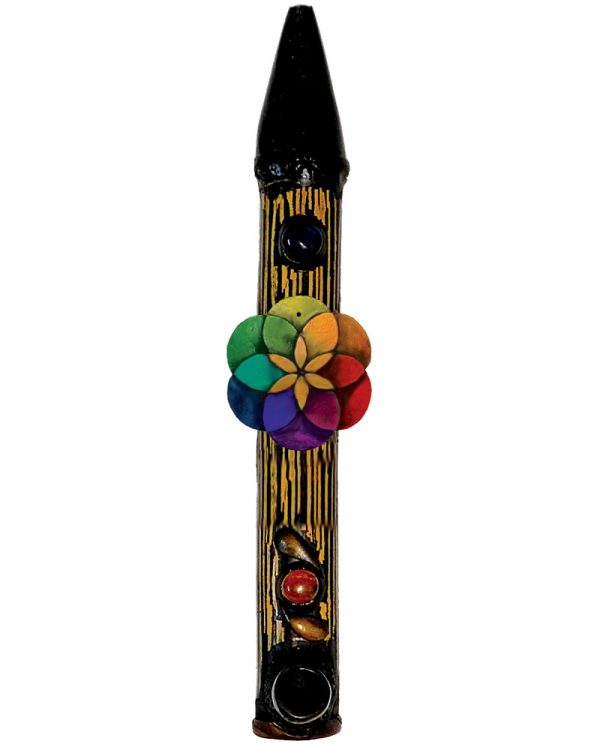 Handcrafted tobacco smoking natural bamboo wooden peace pipe of a sacred geometry seed of life symbol in rainbow colors.