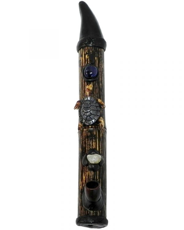 Handcrafted tobacco smoking natural bamboo wooden peace pipe of a sea turtle.