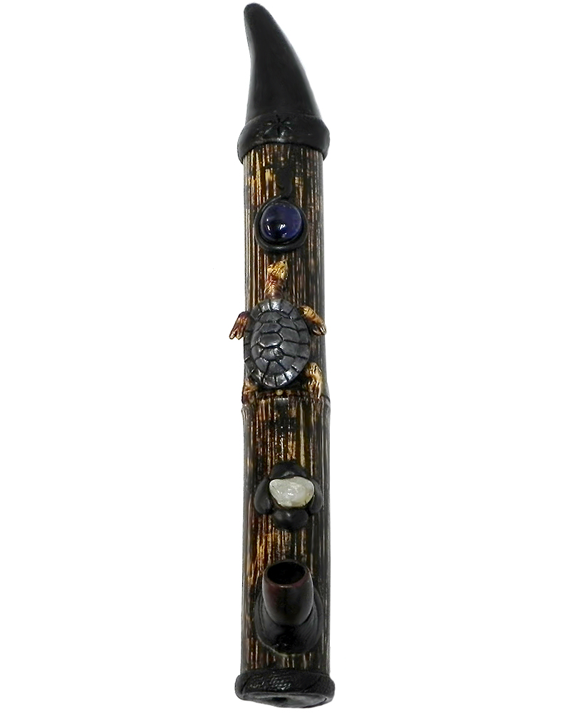 Handcrafted tobacco smoking natural bamboo wooden peace pipe of a sea turtle.