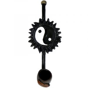 Handcrafted tobacco smoking hand pipe of a classic black and white yin yang symbol with sun rays in small size.