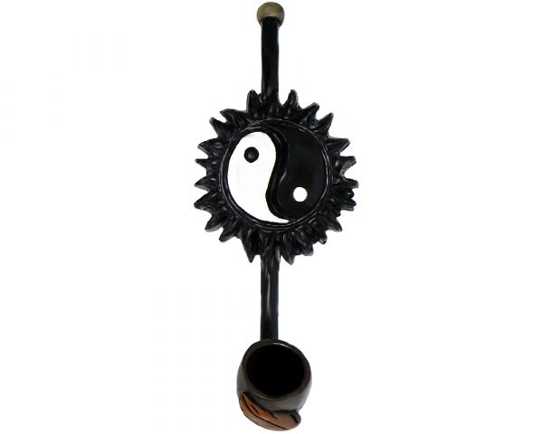 Handcrafted tobacco smoking hand pipe of a classic black and white yin yang symbol with sun rays in small size.
