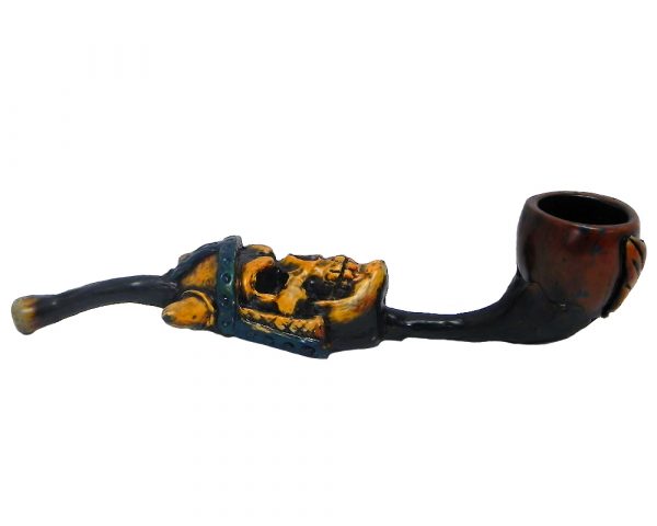 Handcrafted tobacco smoking hand pipe of a Viking skull head with a blue horned helmet in small size.