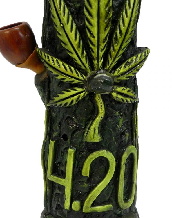 Handcrafted tobacco smoking water pipe of a cannabis pot leaf with a "4.20" sign.
