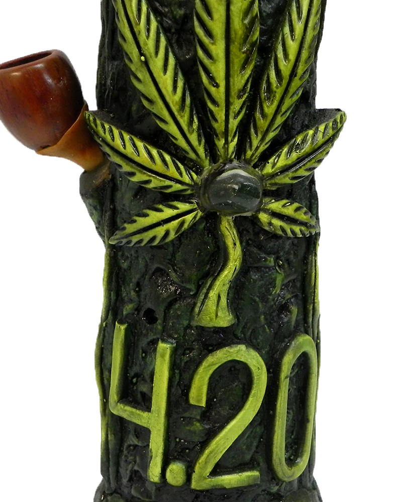 Handcrafted tobacco smoking water pipe of a cannabis pot leaf with a "4.20" sign.