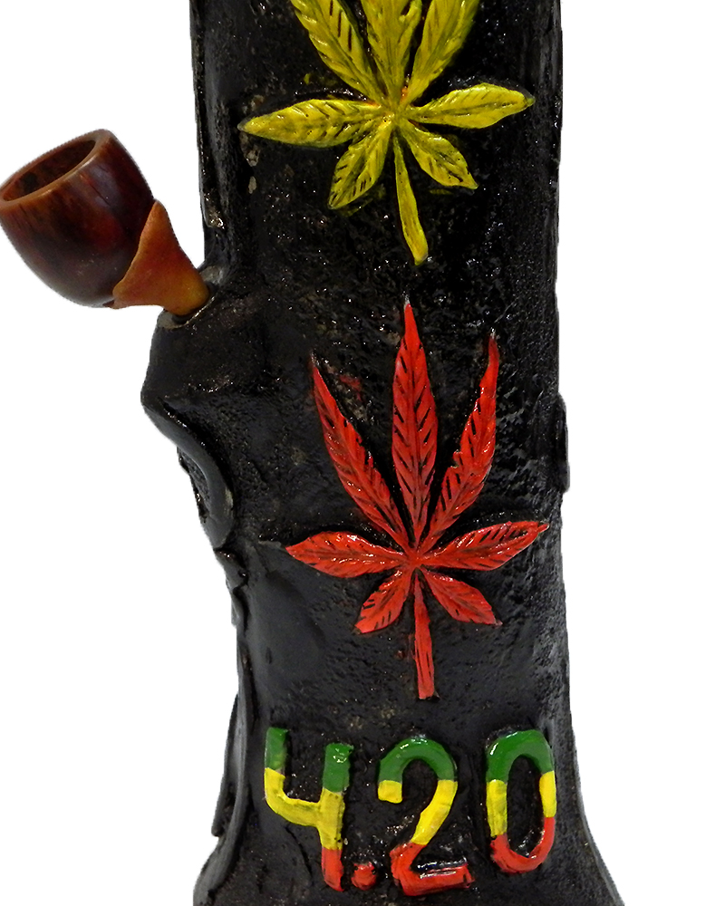 Handcrafted tobacco smoking water pipe of three cannabis pot leaves in Rasta colors with a "4.20" sign.