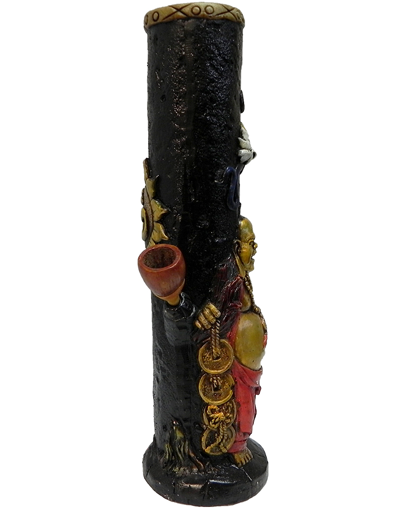 Handcrafted tobacco smoking water pipe of a fat red and gold Chinese Buddha with a white lotus flower and om sign sun on the back.