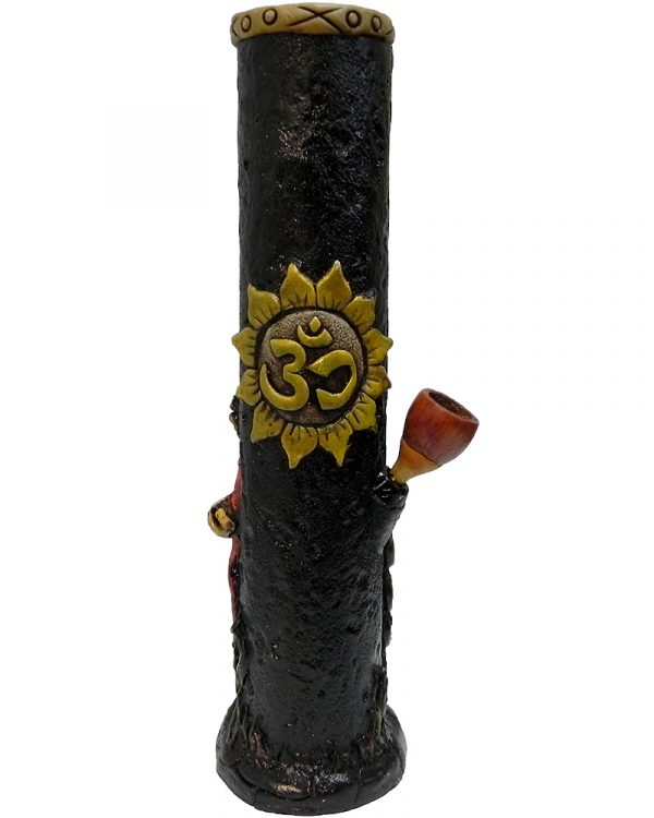 Handcrafted tobacco smoking water pipe of a fat red and gold Chinese Buddha with a white lotus flower and om sign sun on the back.