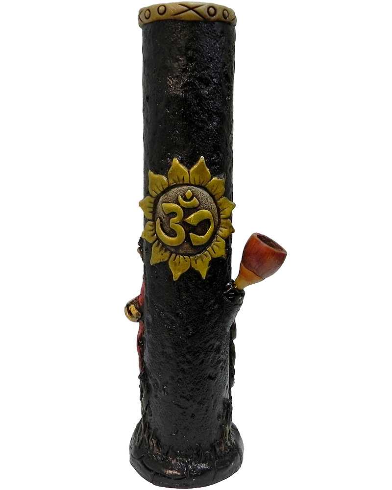Handcrafted tobacco smoking water pipe of a fat red and gold Chinese Buddha with a white lotus flower and om sign sun on the back.