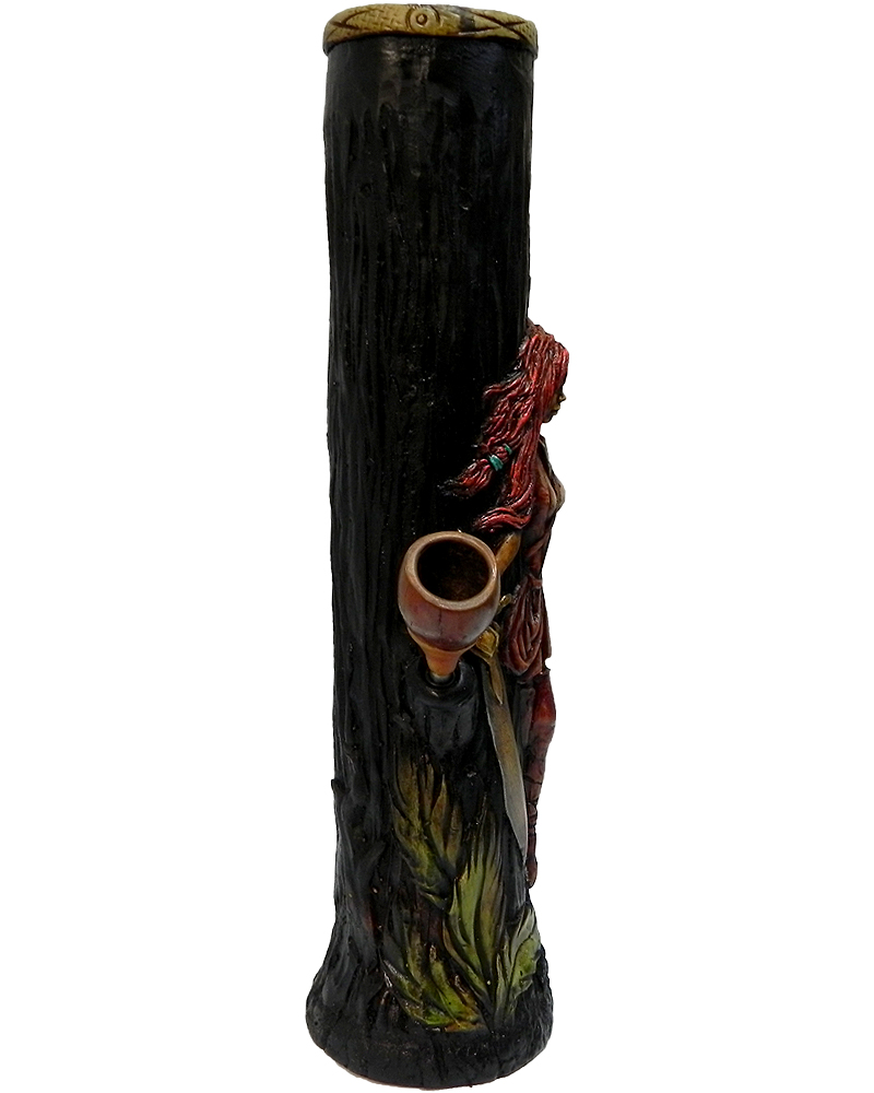 Handcrafted tobacco smoking water pipe of a red-headed female elf warrior girl with a sword.