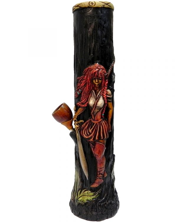 Handcrafted tobacco smoking water pipe of a red-headed female elf warrior girl with a sword.