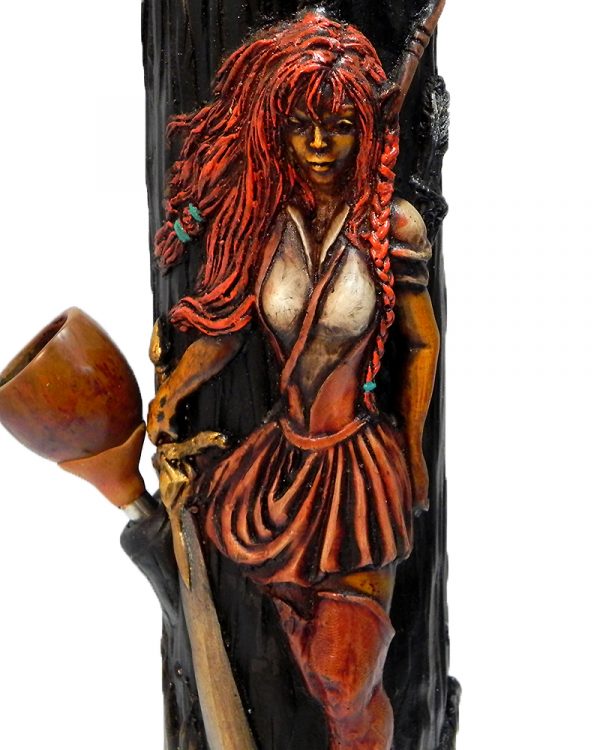 Handcrafted tobacco smoking water pipe of a red-headed female elf warrior girl with a sword.