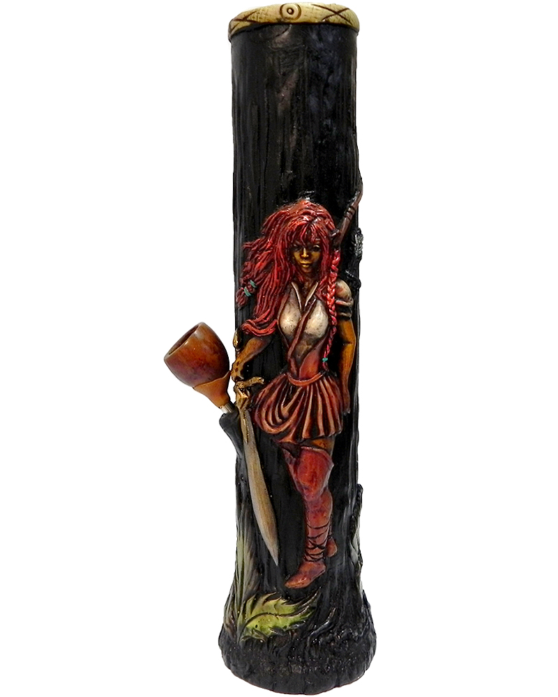 Handcrafted tobacco smoking water pipe of a red-headed female elf warrior girl with a sword.