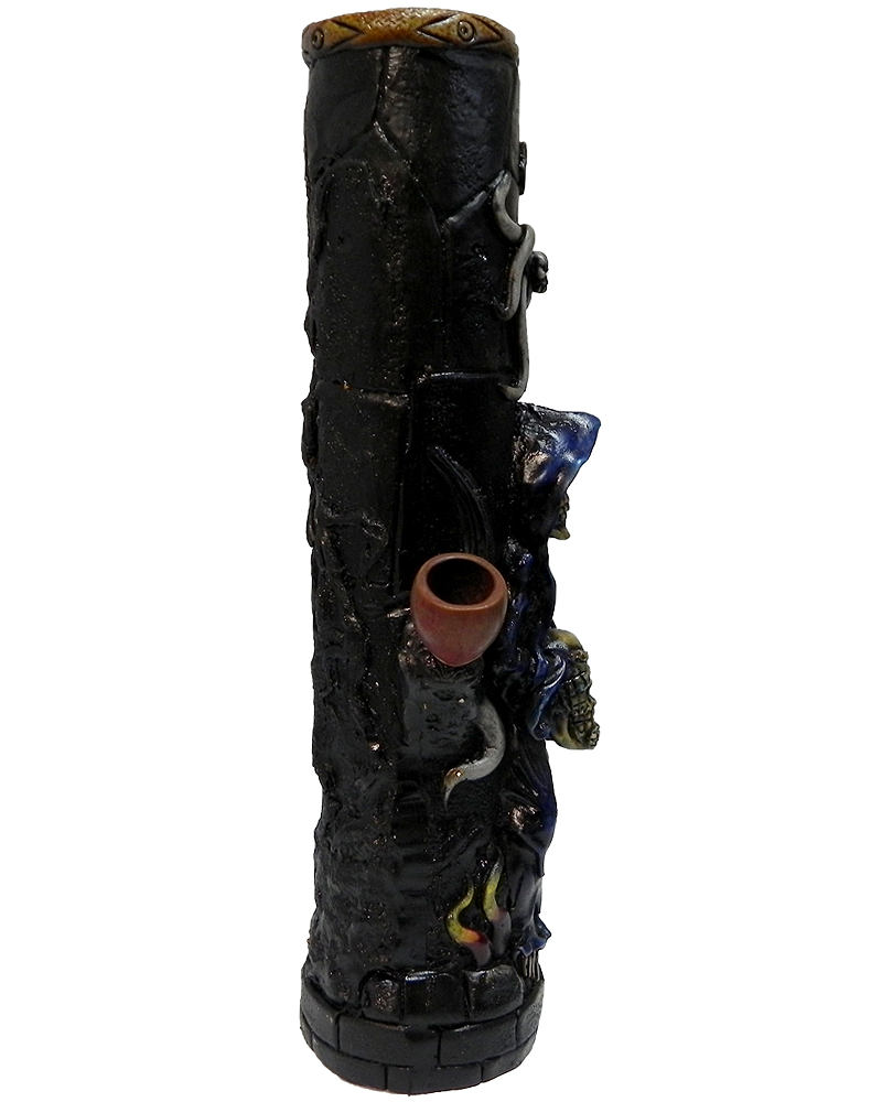 Handcrafted tobacco smoking water pipe of a blue hooded grim reaper death skeleton holding a skull.