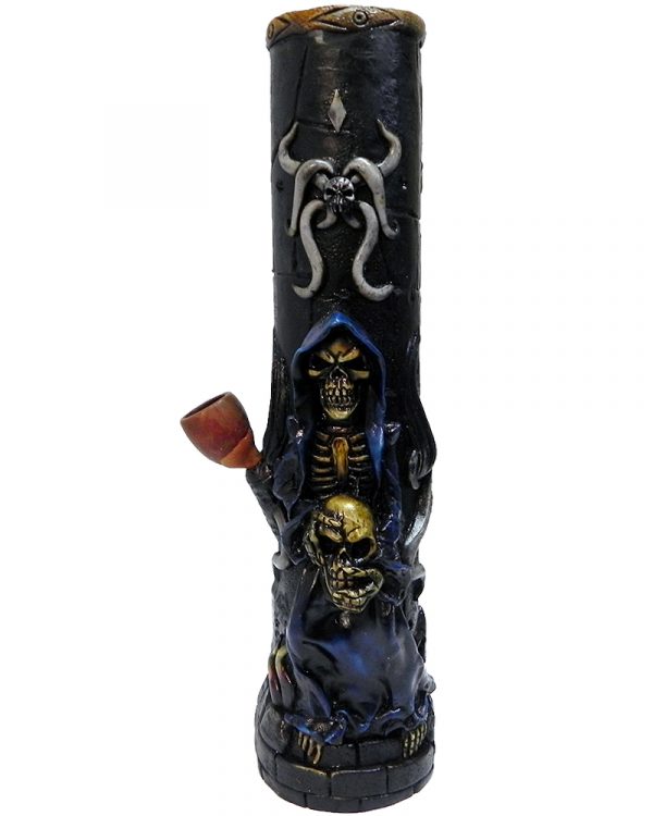 Handcrafted tobacco smoking water pipe of a blue hooded grim reaper death skeleton holding a skull.