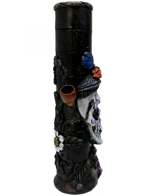Handcrafted tobacco smoking water pipe of a New Orleans themed Mardi Gras sugar skull with a purple suit and multicolored floral designs.