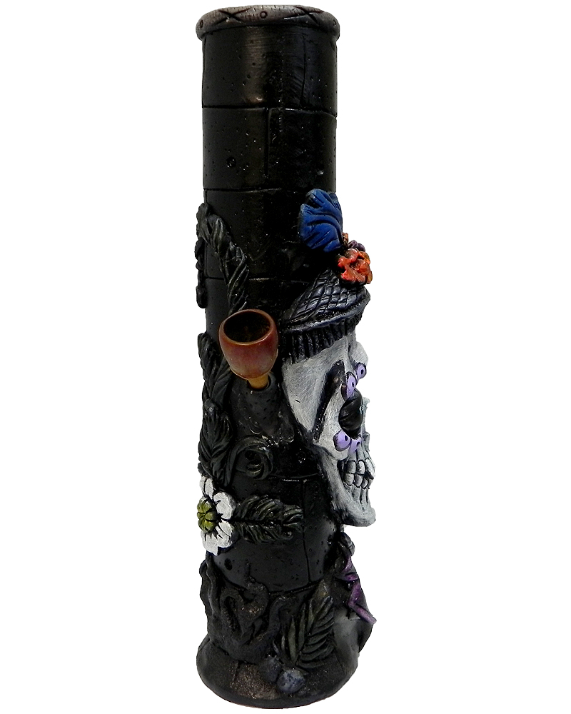 Handcrafted tobacco smoking water pipe of a New Orleans themed Mardi Gras sugar skull with a purple suit and multicolored floral designs.