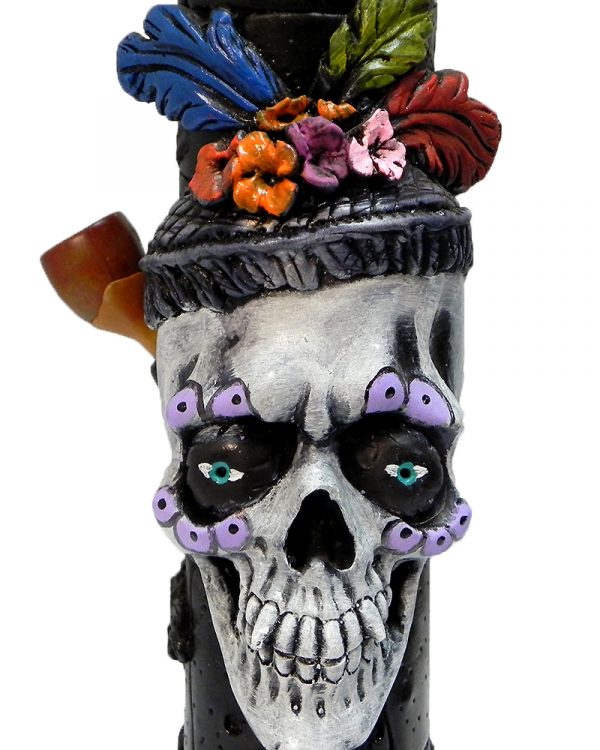 Handcrafted tobacco smoking water pipe of a New Orleans themed Mardi Gras sugar skull with a purple suit and multicolored floral designs.