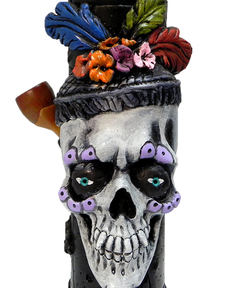 Handcrafted tobacco smoking water pipe of a New Orleans themed Mardi Gras sugar skull with a purple suit and multicolored floral designs.